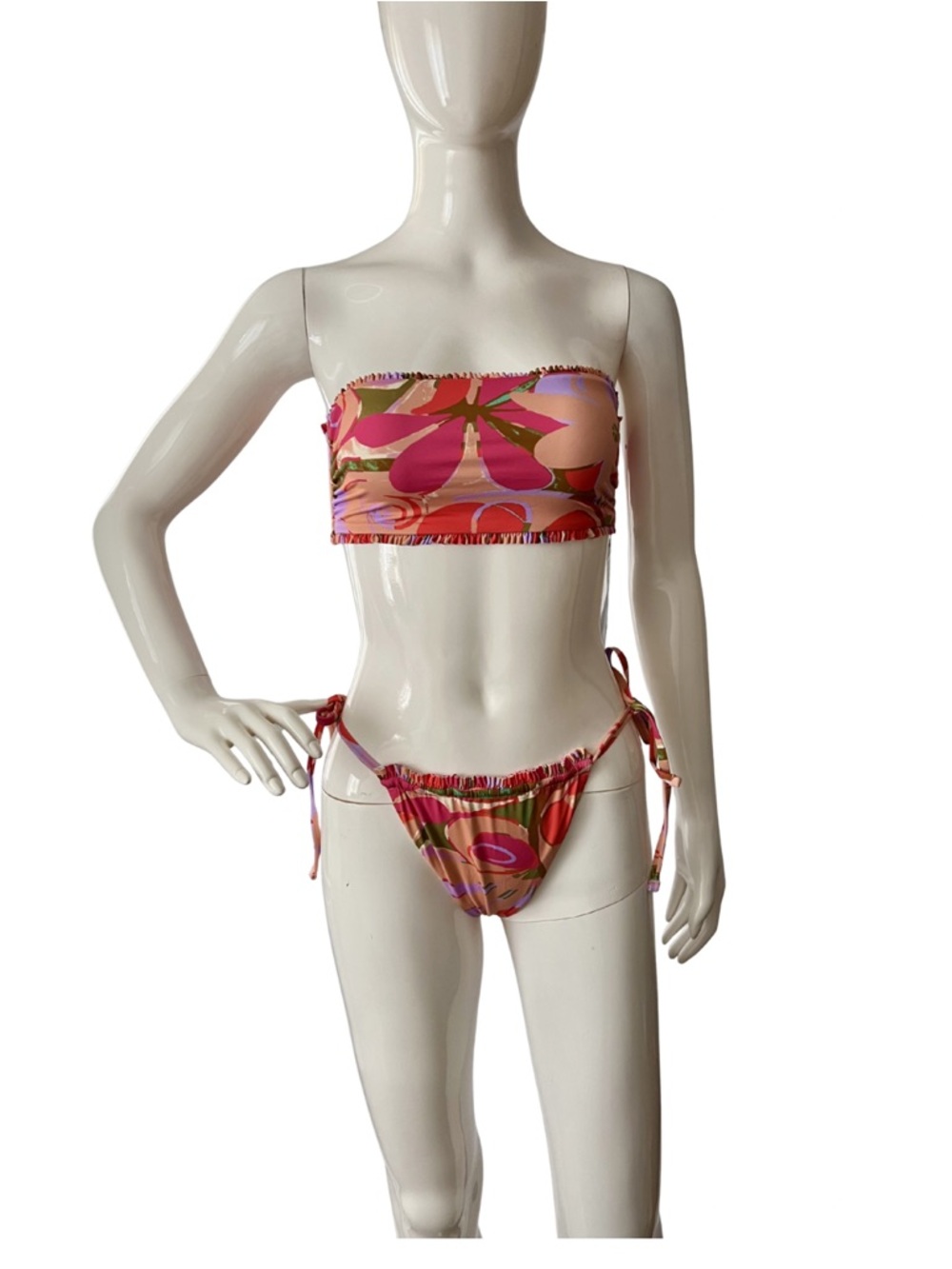 Urban Outfitters Pink & Coral Floral Strapless Bandeau Bikini set_Size M